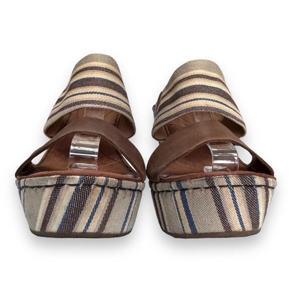 Born Leather And Striped Canvas Two Strap Platform Wedge Sandals Women's Size 10 - Picture 3 of 10